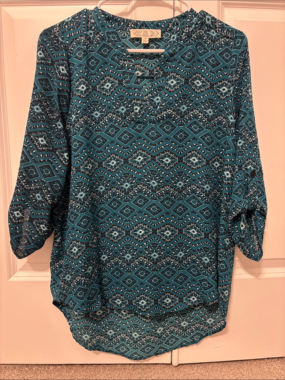 Pink Rose Teal Geometric Print Blouse - Picture 1 of 3